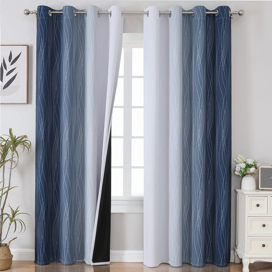 Navy Blue and Greyish White Blackout Curtains